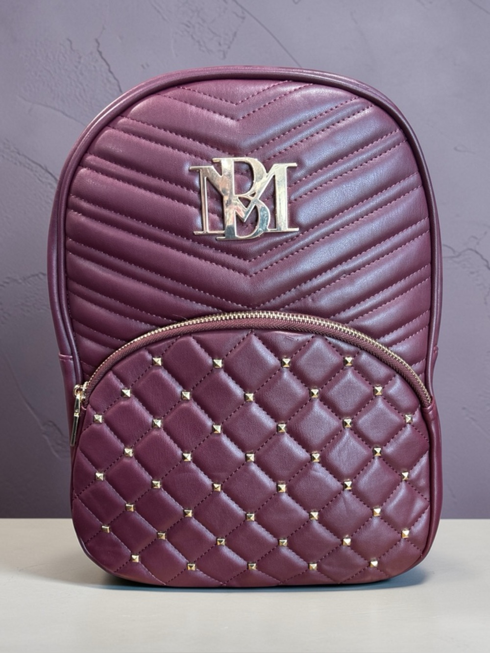 Badgley Mischka Quilted Studded Backpack in Plum with Gold Hardware